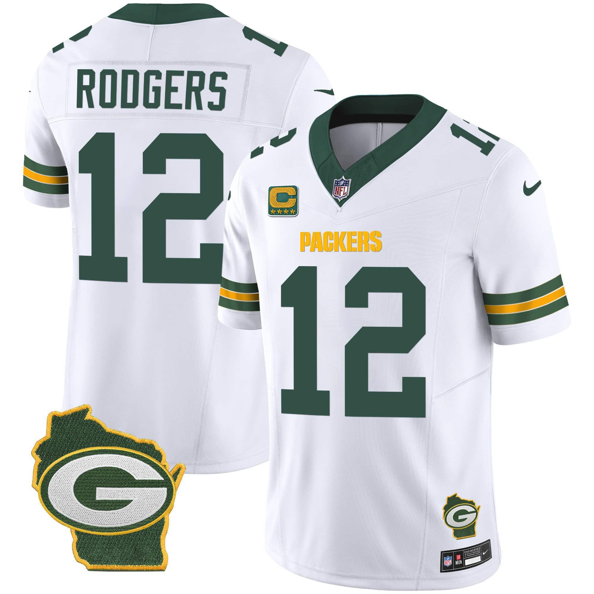 Men Green Bay Packers #12 Rodgers White 2024 Nike Home Patch Vapor NFL Jersey